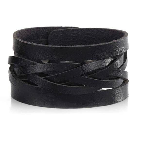 Men Black Leather Wide Bracelet - Picture 3 of 6